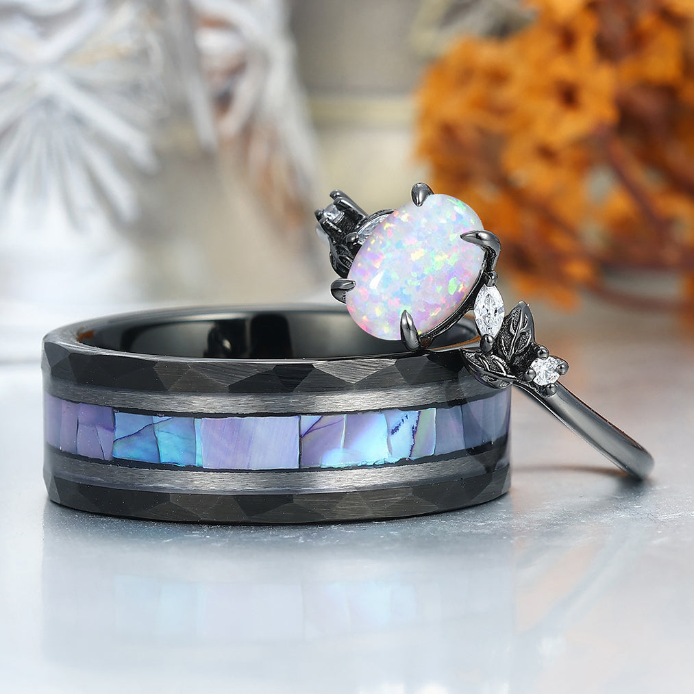 Elegant Pink White Opal Leaf Accents Engagement Rings For Couples Hammered Tungsten Bands