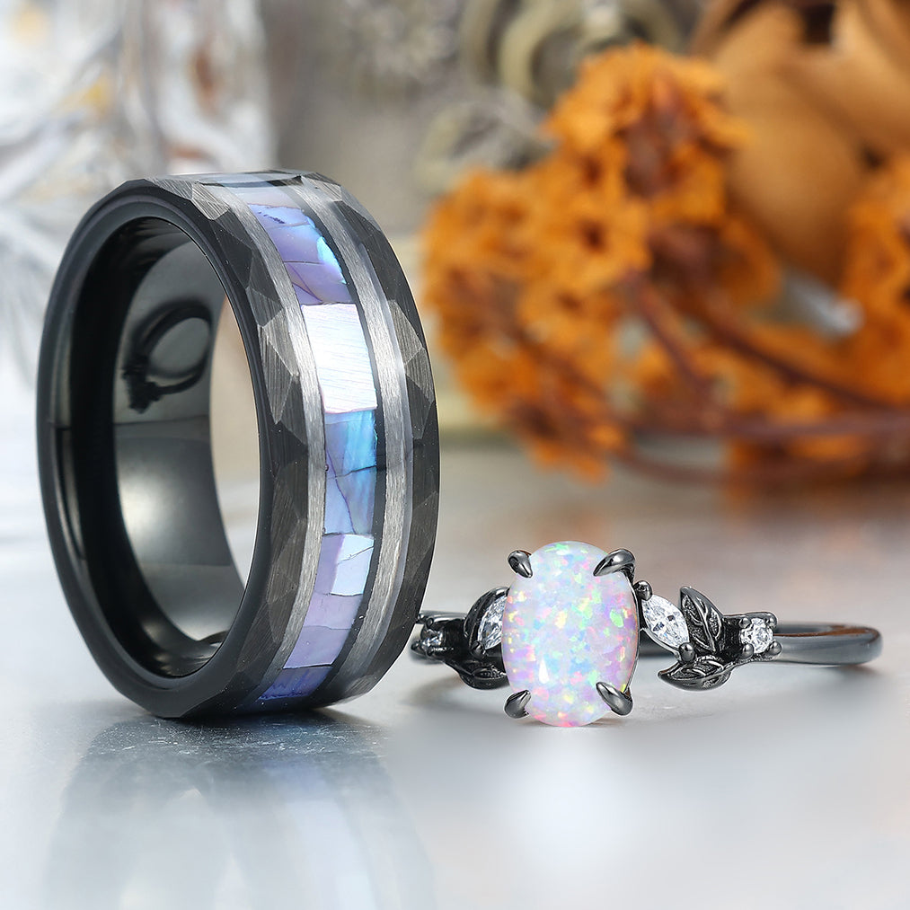 Elegant Pink White Opal Leaf Accents Engagement Rings For Couples Hammered Tungsten Bands