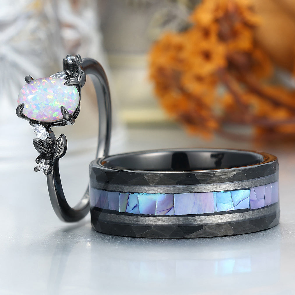 Elegant Pink White Opal Leaf Accents Engagement Rings For Couples Hammered Tungsten Bands