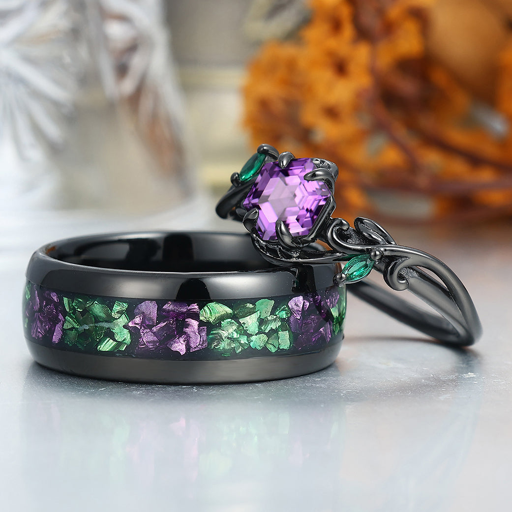 Natural Amethyst Twigs Engagement Rings For Couples Personalized Purple Tungsten Wedding Ring