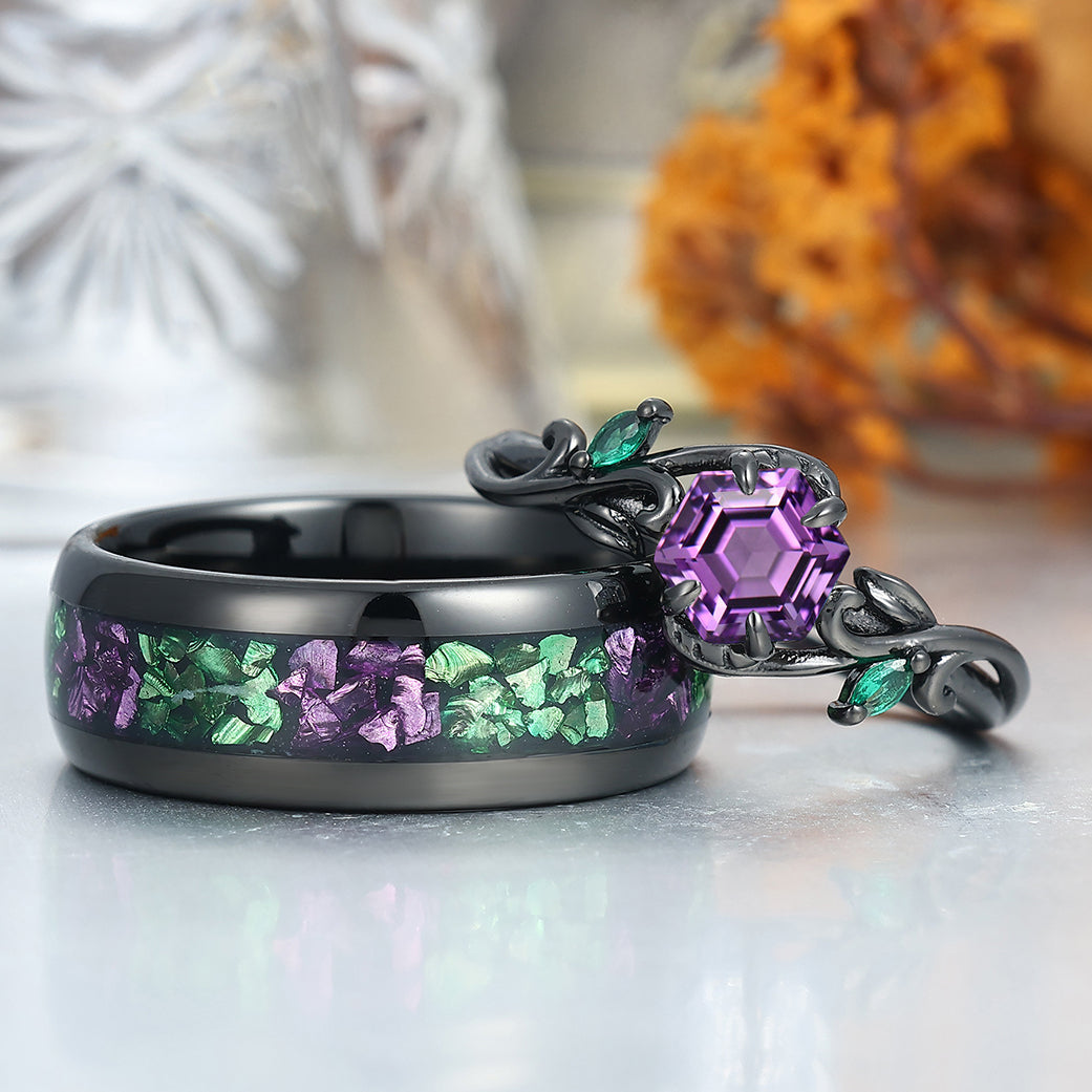 Natural Amethyst Twigs Engagement Rings For Couples Personalized Purple Tungsten Wedding Ring