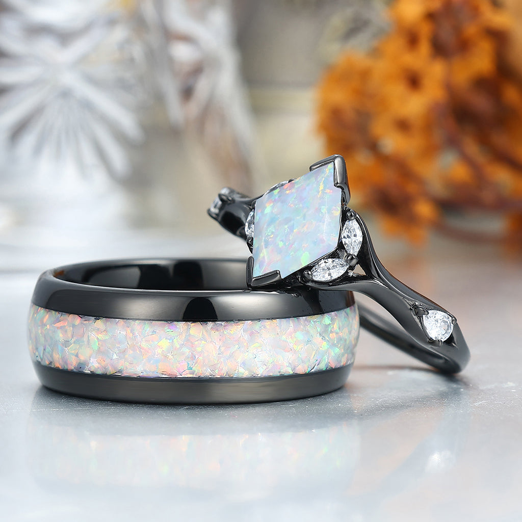Art Deco Pink White Opal Engagement Couples Rings Matching Polished Dome Tungsten Rings for Couples