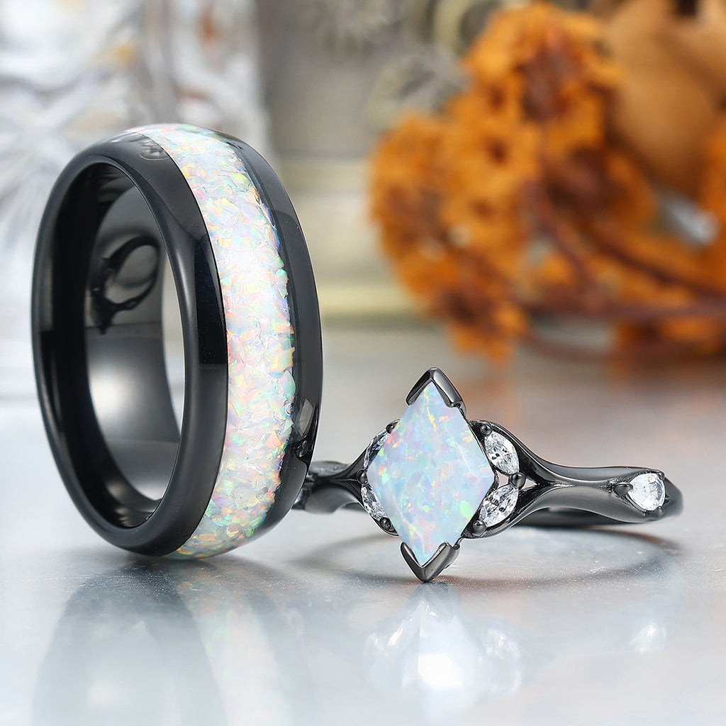 Art Deco Pink White Opal Engagement Couples Rings Matching Polished Dome Tungsten Rings for Couples