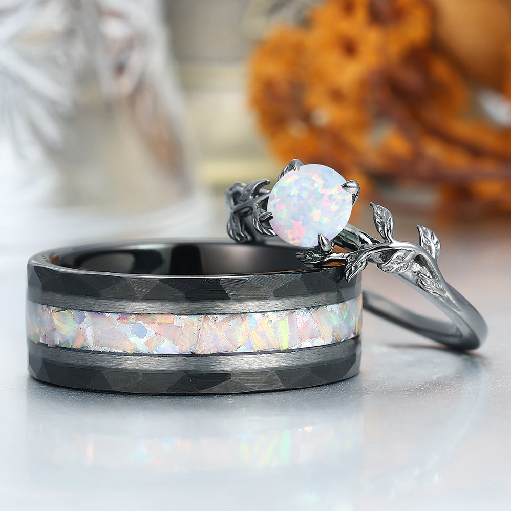 Solitaire Round Pink White Opal Engagement Couples Ring Anniversary Ring For Men And Women