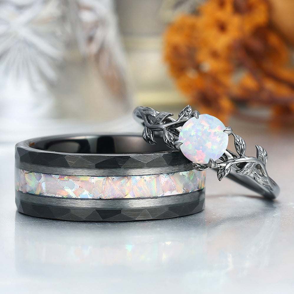 Solitaire Round Pink White Opal Engagement Couples Ring Anniversary Ring For Men And Women