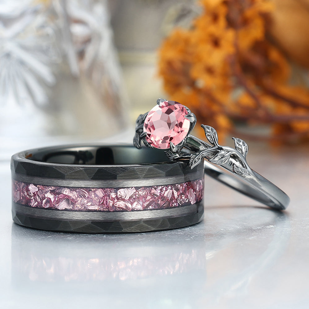 Solitaire Pink Morganite Prongs Engagement Couple Rings Matching Pink Tungsten Promise Wedding Bands