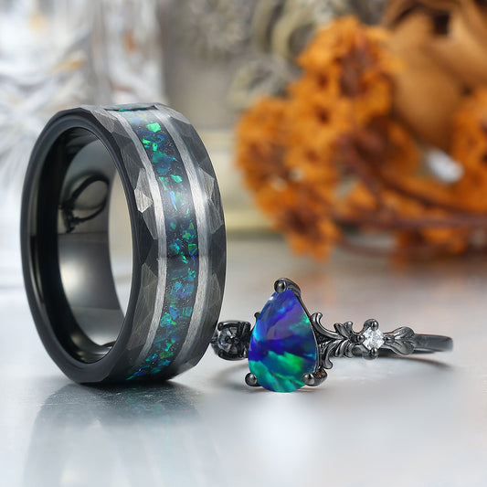 Alternative Filigreed Peacock Green Opal His And Hers Wedding Bands Promise Rings For Couples