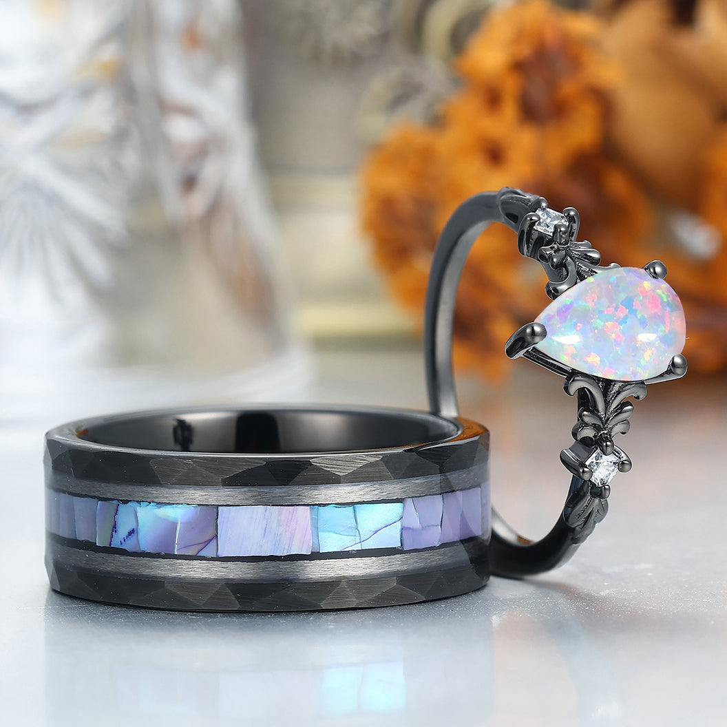 Gorgeous Pink White Opal Leaf Engagement Couple Rings Matching White Shell Inlay Tungsten Wedding Ring