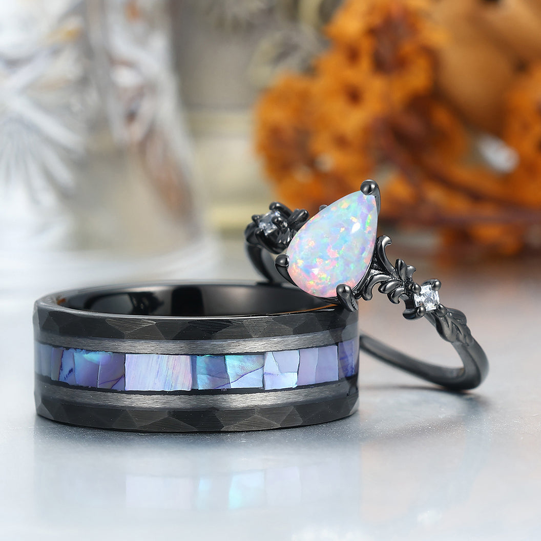 Gorgeous Pink White Opal Leaf Engagement Couple Rings Matching White Shell Inlay Tungsten Wedding Ring