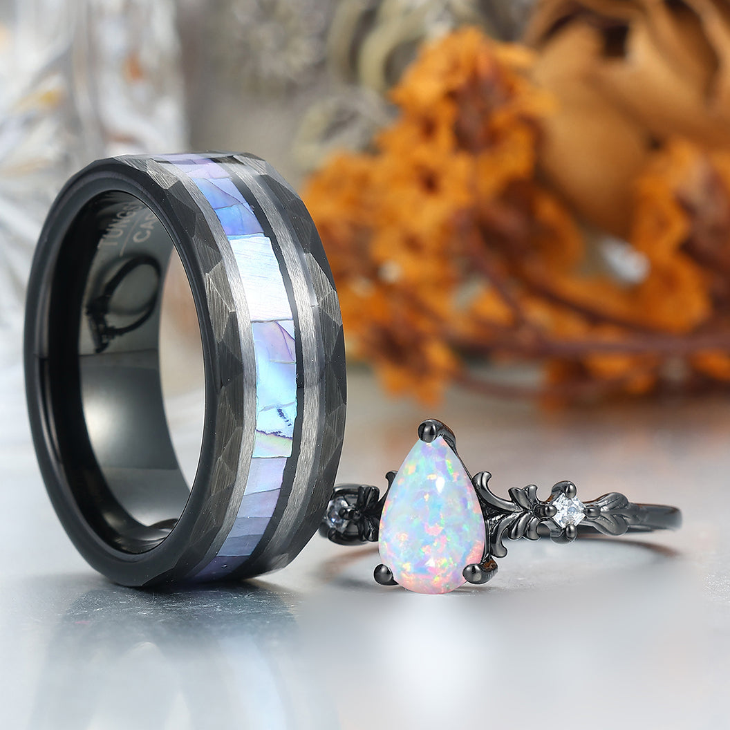 Gorgeous Pink White Opal Leaf Engagement Couple Rings Matching White Shell Inlay Tungsten Wedding Ring