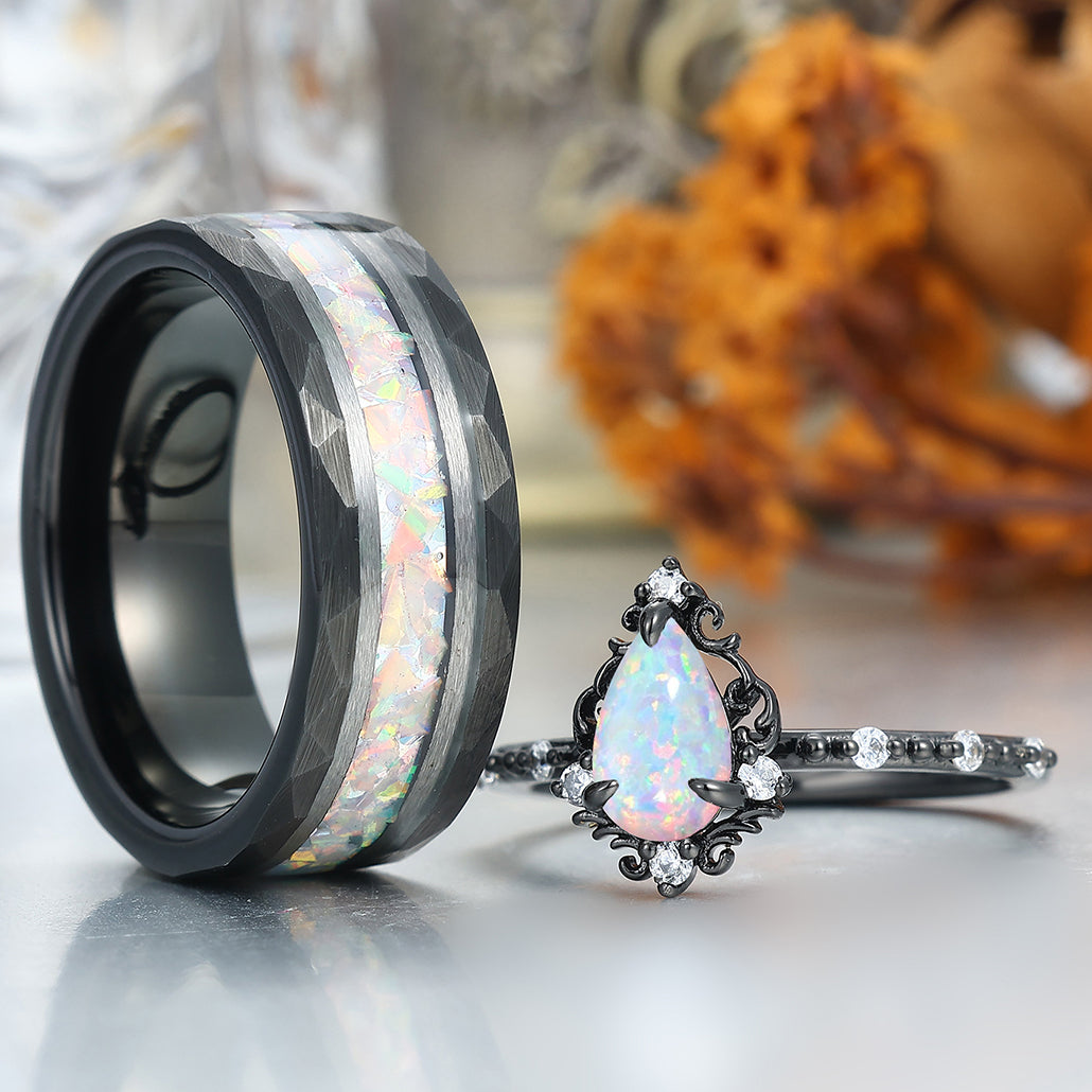 Romantic Pink White Opal Filigreed Engagement Couple Rings S925 And Tungsten His And Hers Wedding Band