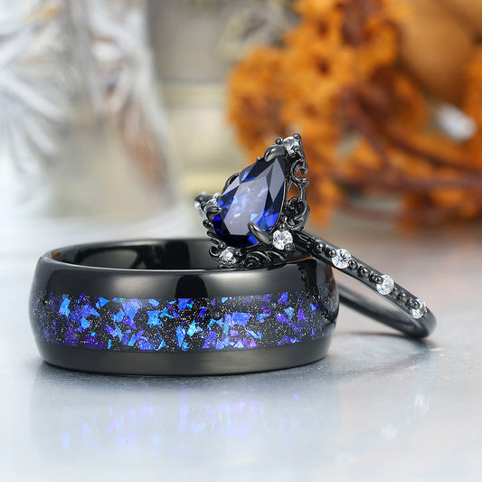 Dainty Pear Cut Sapphire Engagement Couple Rings 925 Sterling Silver And Tungsten Matching Ring