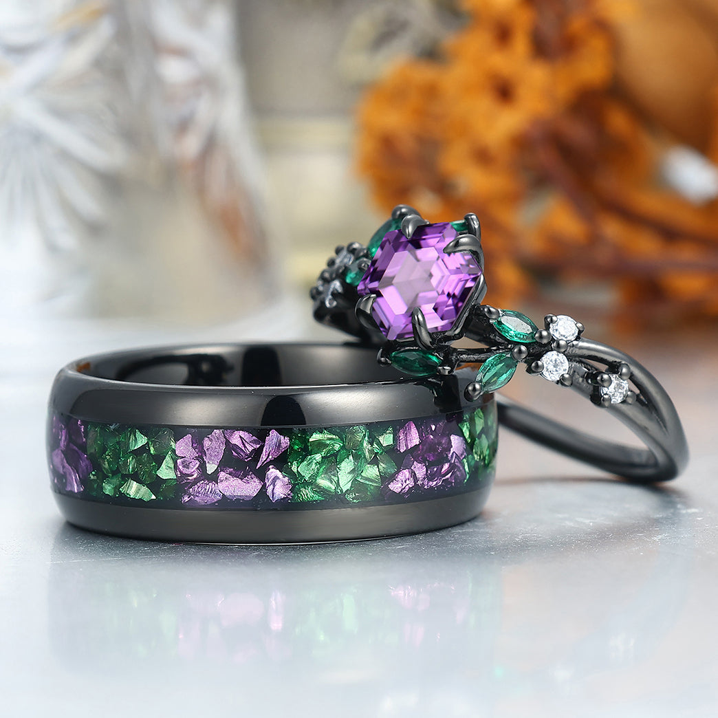 Dainty Natural Amethyst Leaves Twigs Engagement Couple Rings Promise Purple Tungsten Matching Ring