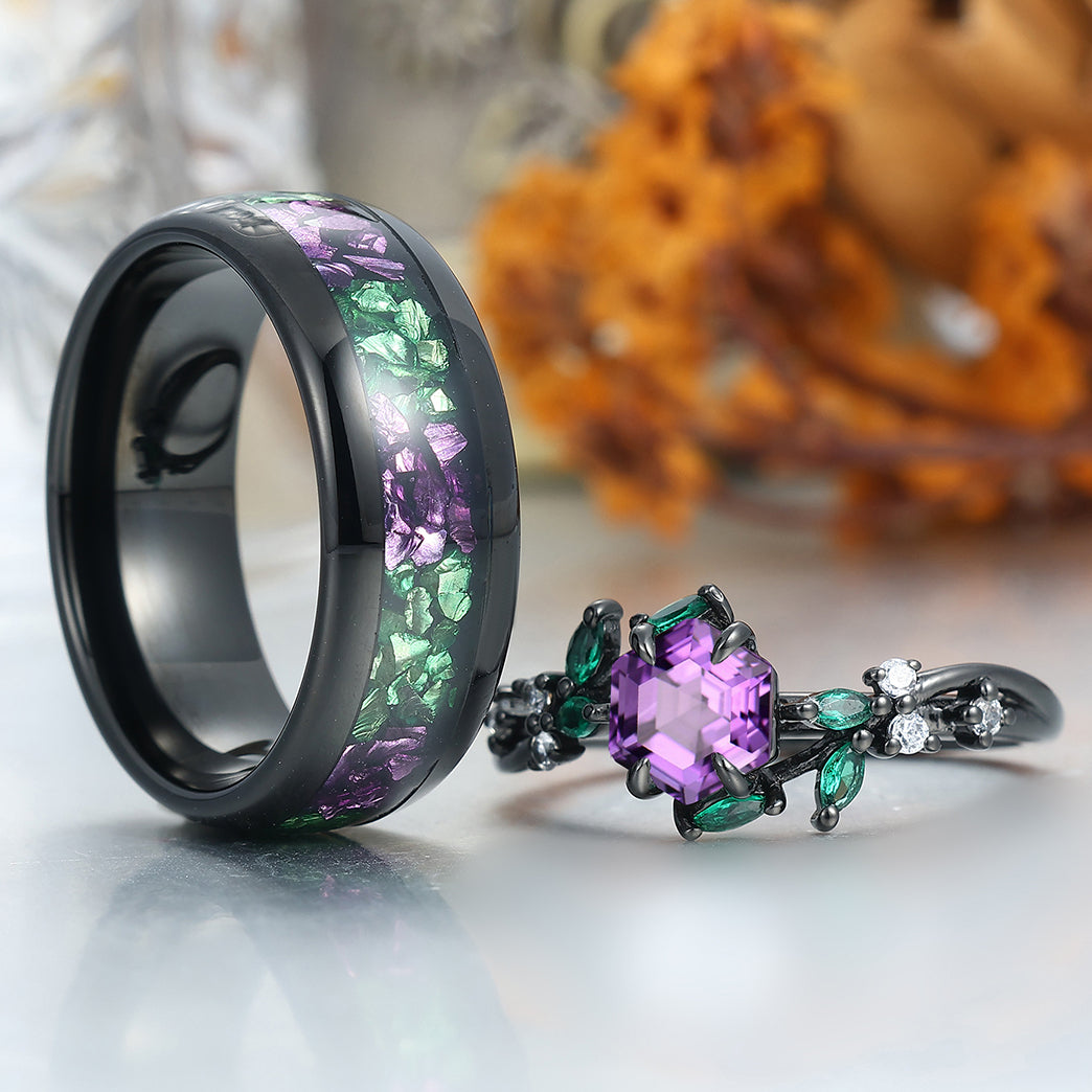 Dainty Natural Amethyst Leaves Twigs Engagement Couple Rings Promise Purple Tungsten Matching Ring