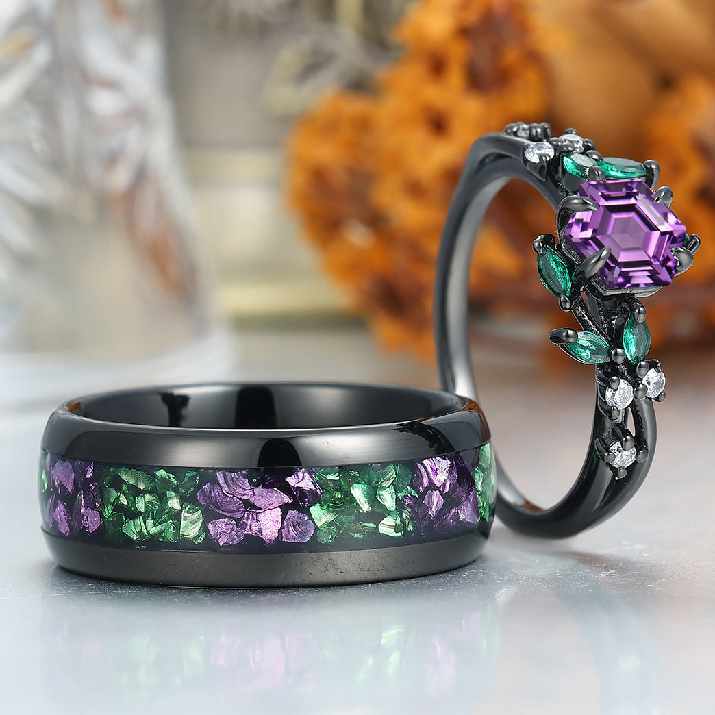 Dainty Natural Amethyst Leaves Twigs Engagement Couple Rings Promise Purple Tungsten Matching Ring