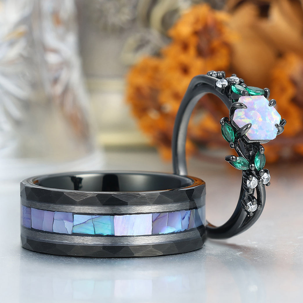 Delicate Pink White Opal Engagement Rings For Couples Personalized Anniversary Couples' Set