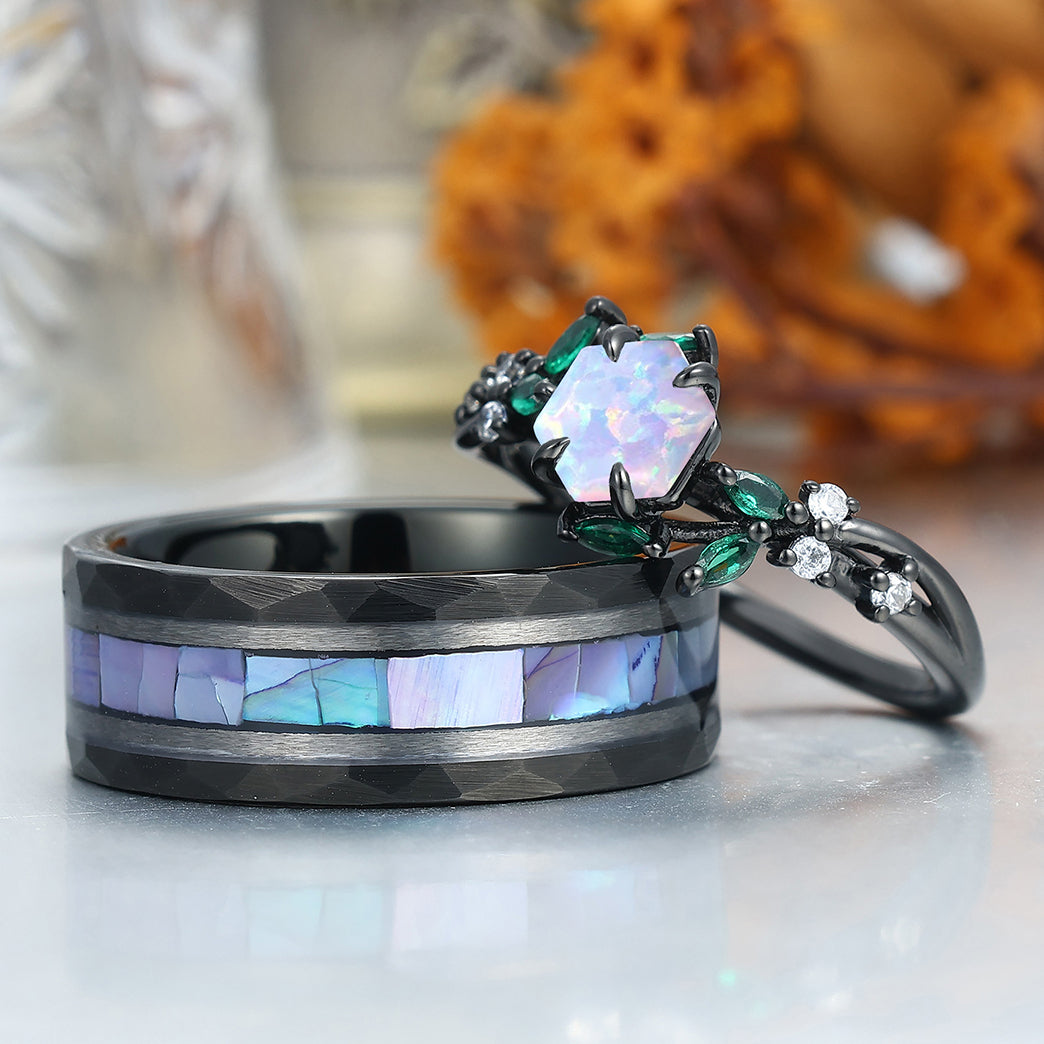 Delicate Pink White Opal Engagement Rings For Couples Personalized Anniversary Couples' Set