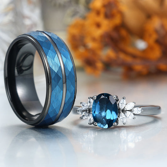 Exquisite London Blue Topaz Engagement Couple Rings Modern Blue Tungsten Hammered Wedding Band