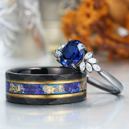 Oval Cut Sapphire Petal Design Couple Rings Promise Black Plated His And Hers Wedding Band