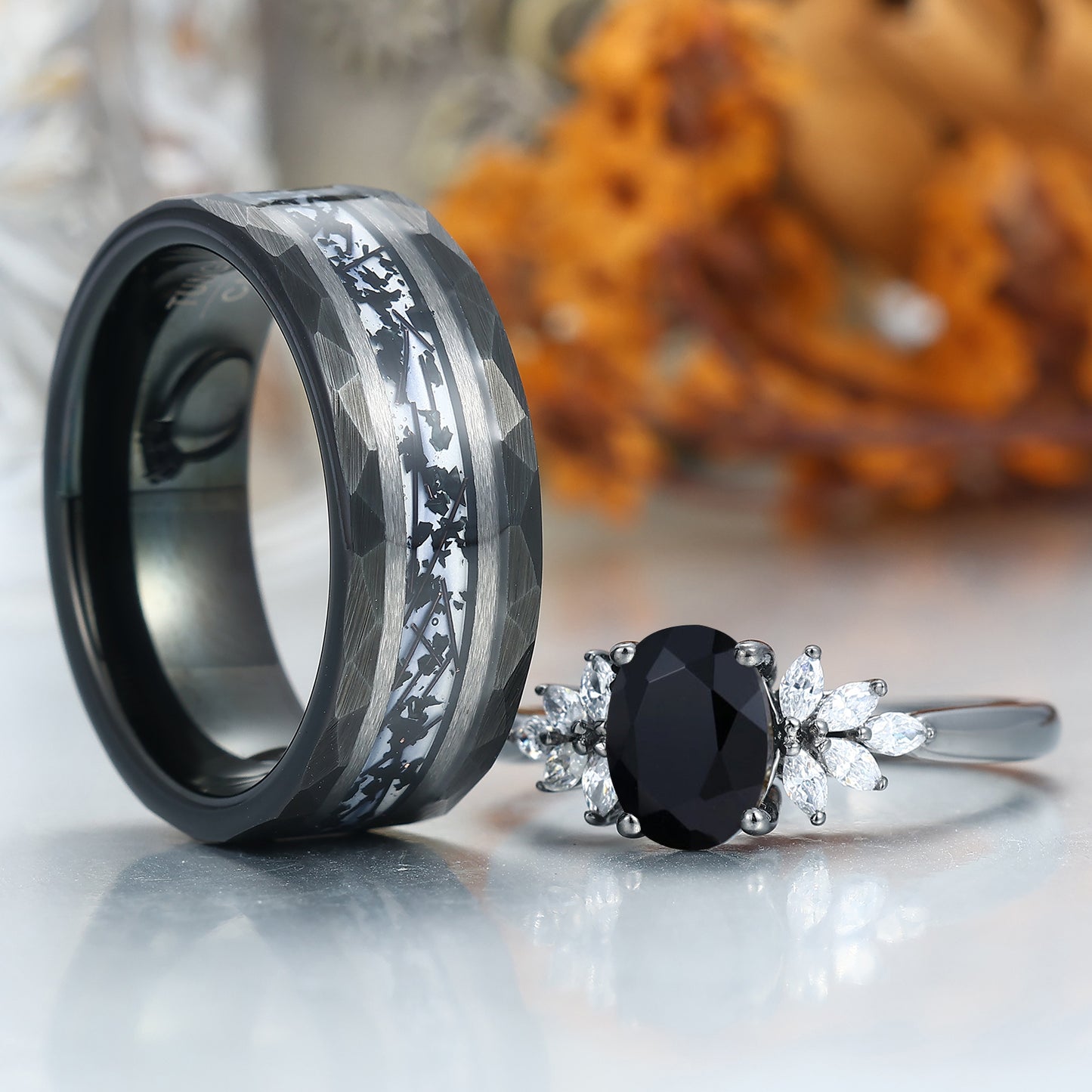 Gorgeous Natural Black Onyx Engagement Rings For Couples Black Tungsten Anniversary Wedding Band