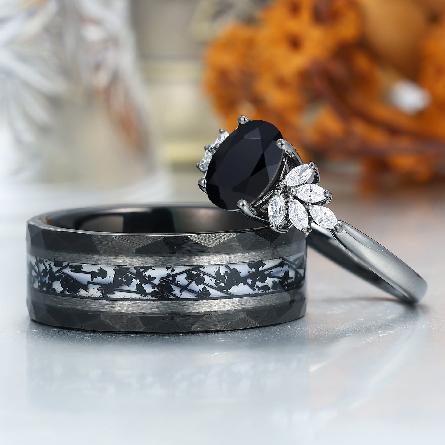 Gorgeous Natural Black Onyx Engagement Rings For Couples Black Tungsten Anniversary Wedding Band