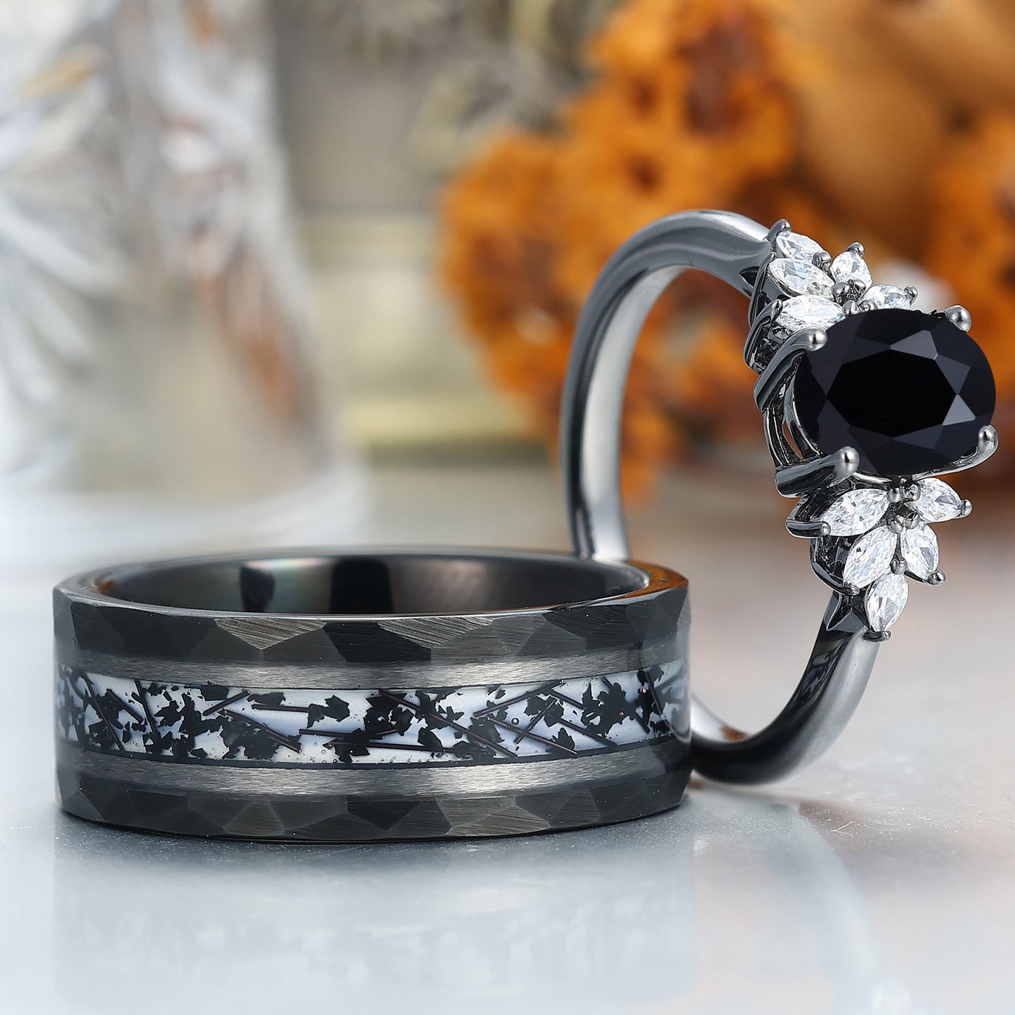 Gorgeous Natural Black Onyx Engagement Rings For Couples Black Tungsten Anniversary Wedding Band