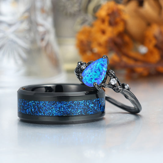 Exquisite Blue Opal Stem Design Engagement Couple Rings Personalized Blue Couples' Set