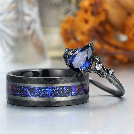 Gorgeous Sapphire Branch Leaf Engagement Couple Rings Hammered Promise Tungsten Wedding Rings