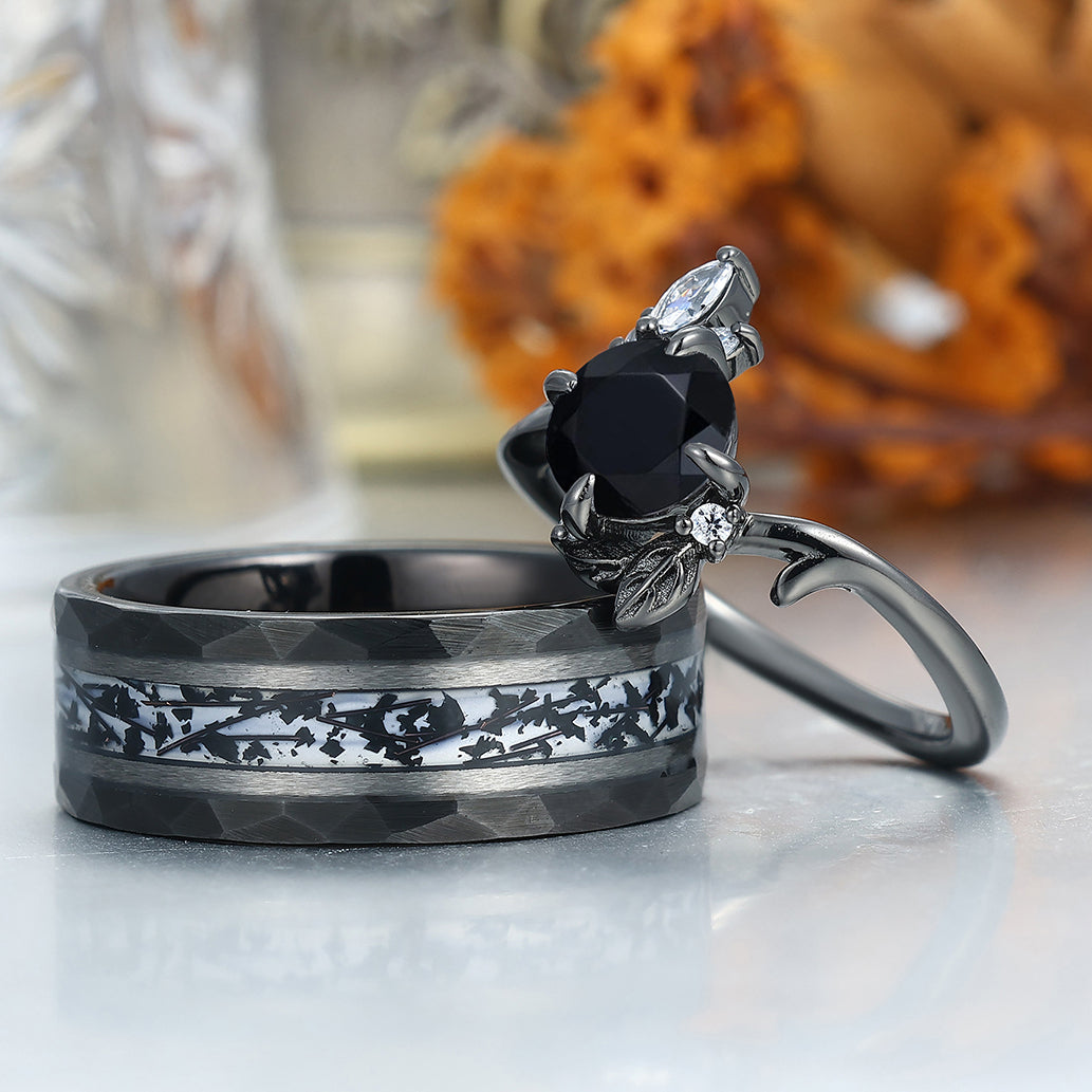 Art Deco Black Onyx Twig Engagement Couple Rings Unique S925 And Tungsten Marriage Ring