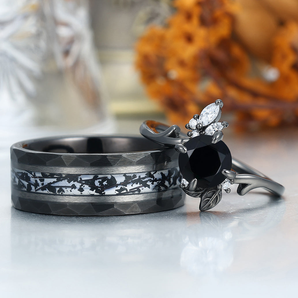 Art Deco Black Onyx Twig Engagement Couple Rings Unique S925 And Tungsten Marriage Ring