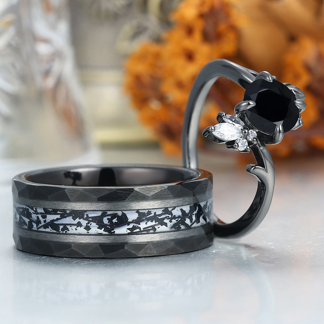 Art Deco Black Onyx Twig Engagement Couple Rings Unique S925 And Tungsten Marriage Ring