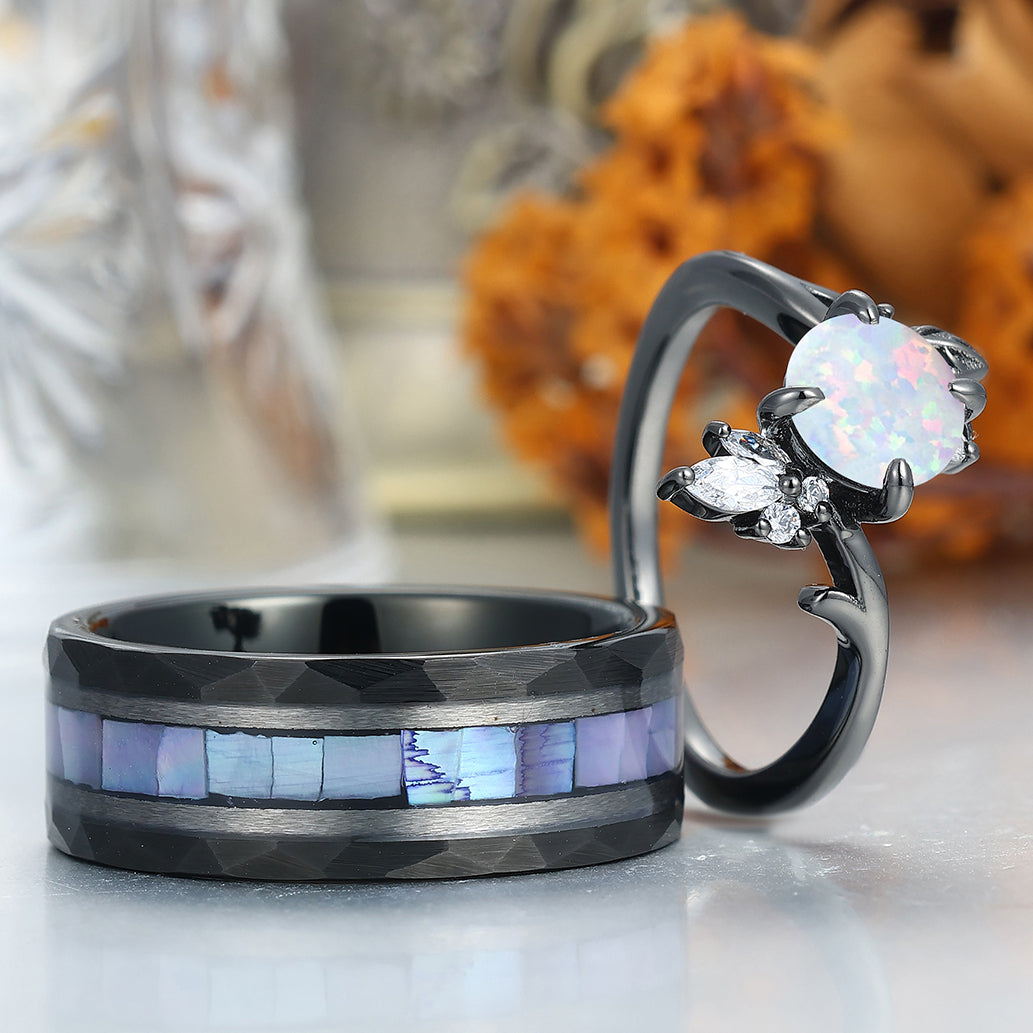 Blooming Flower Design Pink White Opal Couple Rings Matching Hammered Tungsten Promise Band
