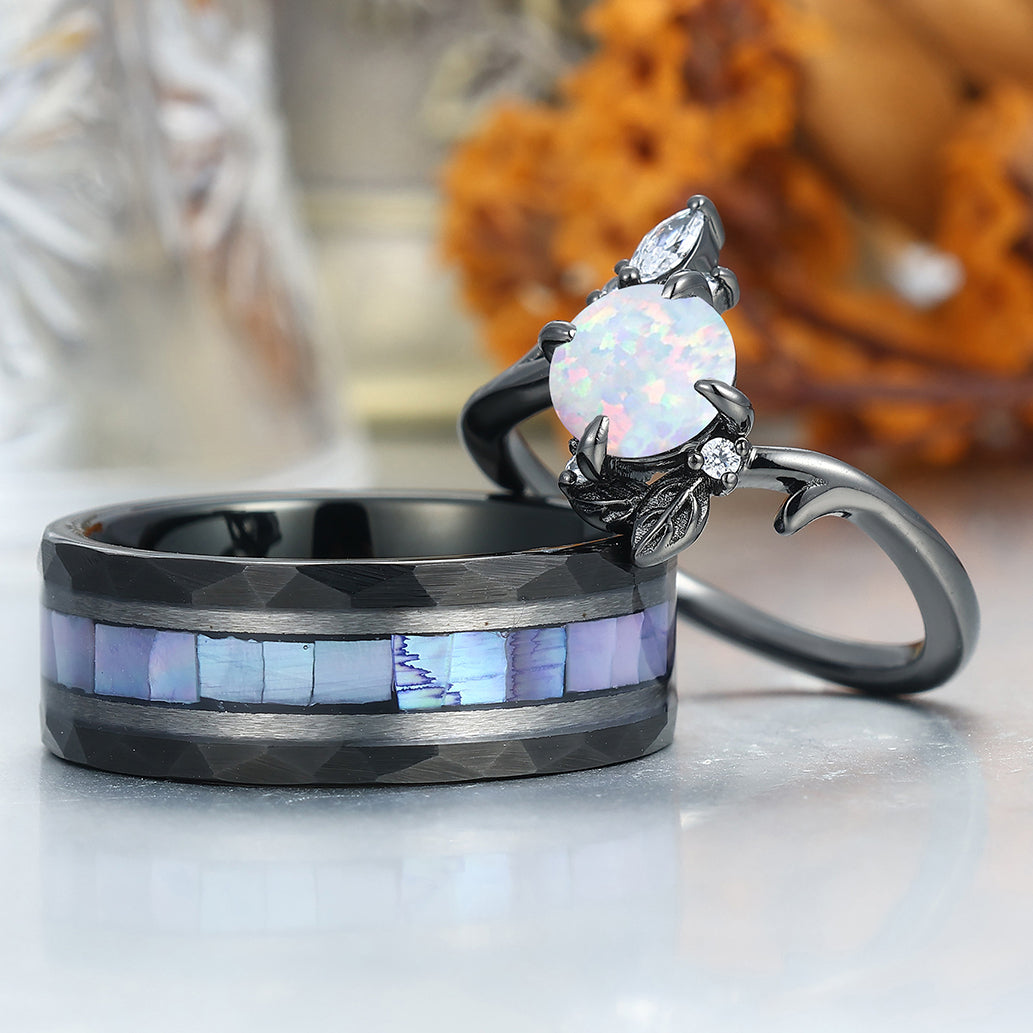 Blooming Flower Design Pink White Opal Couple Rings Matching Hammered Tungsten Promise Band