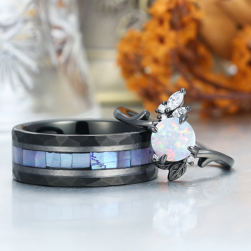 Blooming Flower Design Pink White Opal Couple Rings Matching Hammered Tungsten Promise Band
