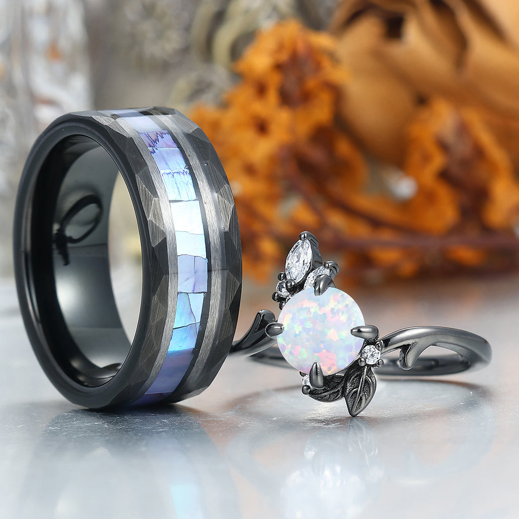 Blooming Flower Design Pink White Opal Couple Rings Matching Hammered Tungsten Promise Band