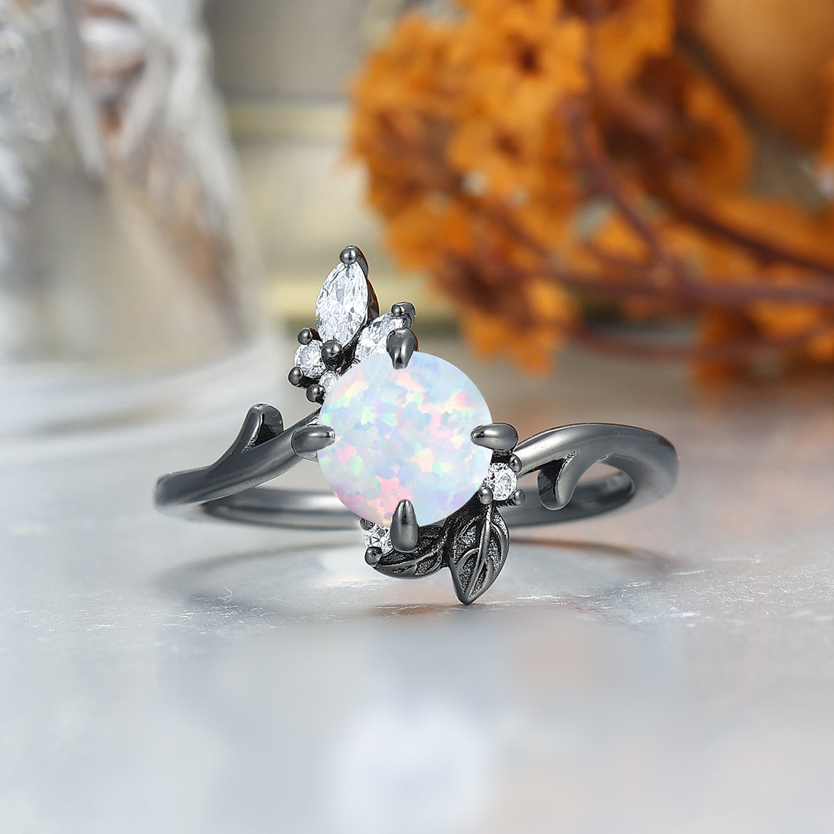 Blooming Flower Design Pink White Opal Couple Rings Matching Hammered Tungsten Promise Band