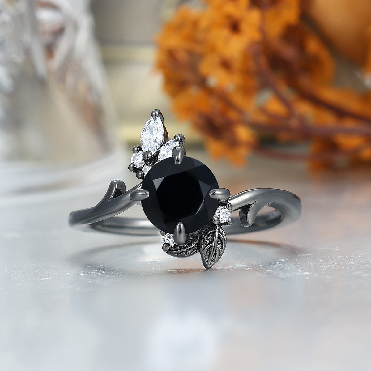 Art Deco Black Onyx Twig Engagement Couple Rings Unique S925 And Tungsten Marriage Ring