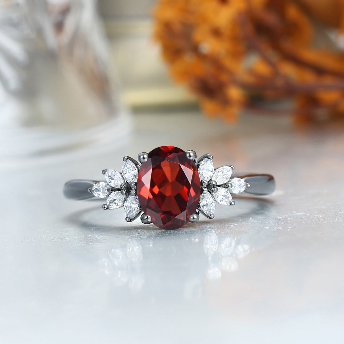 Dainty Red Garnet Petal Accents Couple Rings Matching Tungsten His And Hers Wedding Band