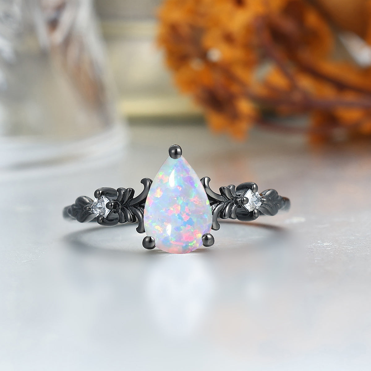 Gorgeous Pink White Opal Leaf Engagement Couple Rings Matching White Shell Inlay Tungsten Wedding Ring