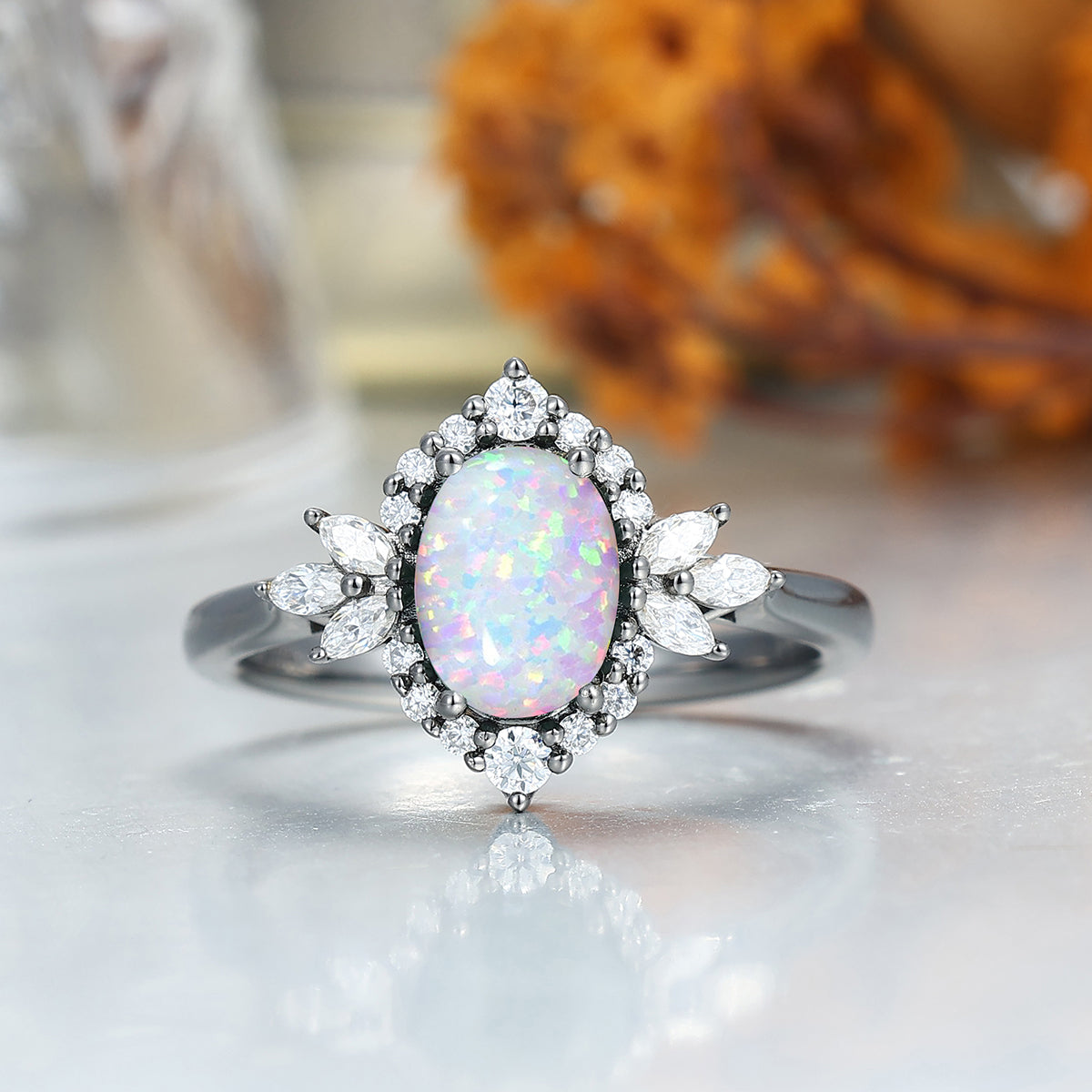 Unique Pink White Opal Halo Engagement Couple Rings S925 And Tungsten Wedding Ring