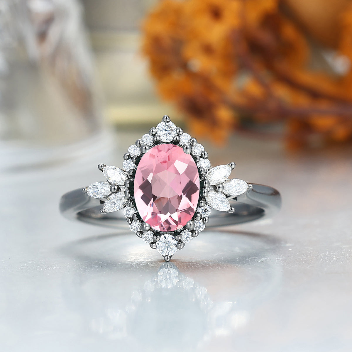 Romantic Pink Morganite Engagement Couple Rings Matching Black Tungsten His And Hers Wedding Bands