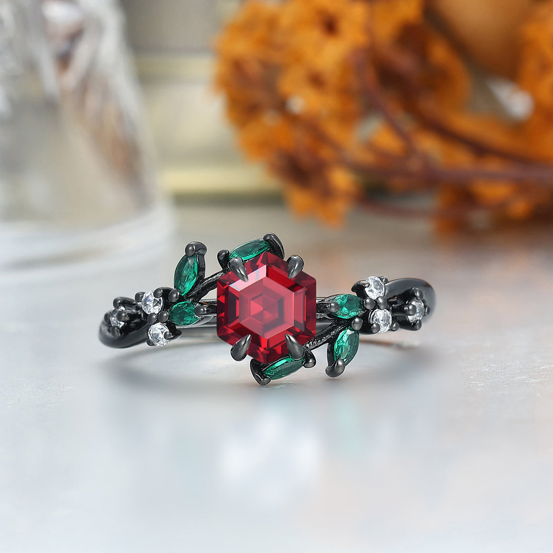 Stylish Red Garnet His and Hers Ring Leaf Design Couples Ring Two-tone Matching rings