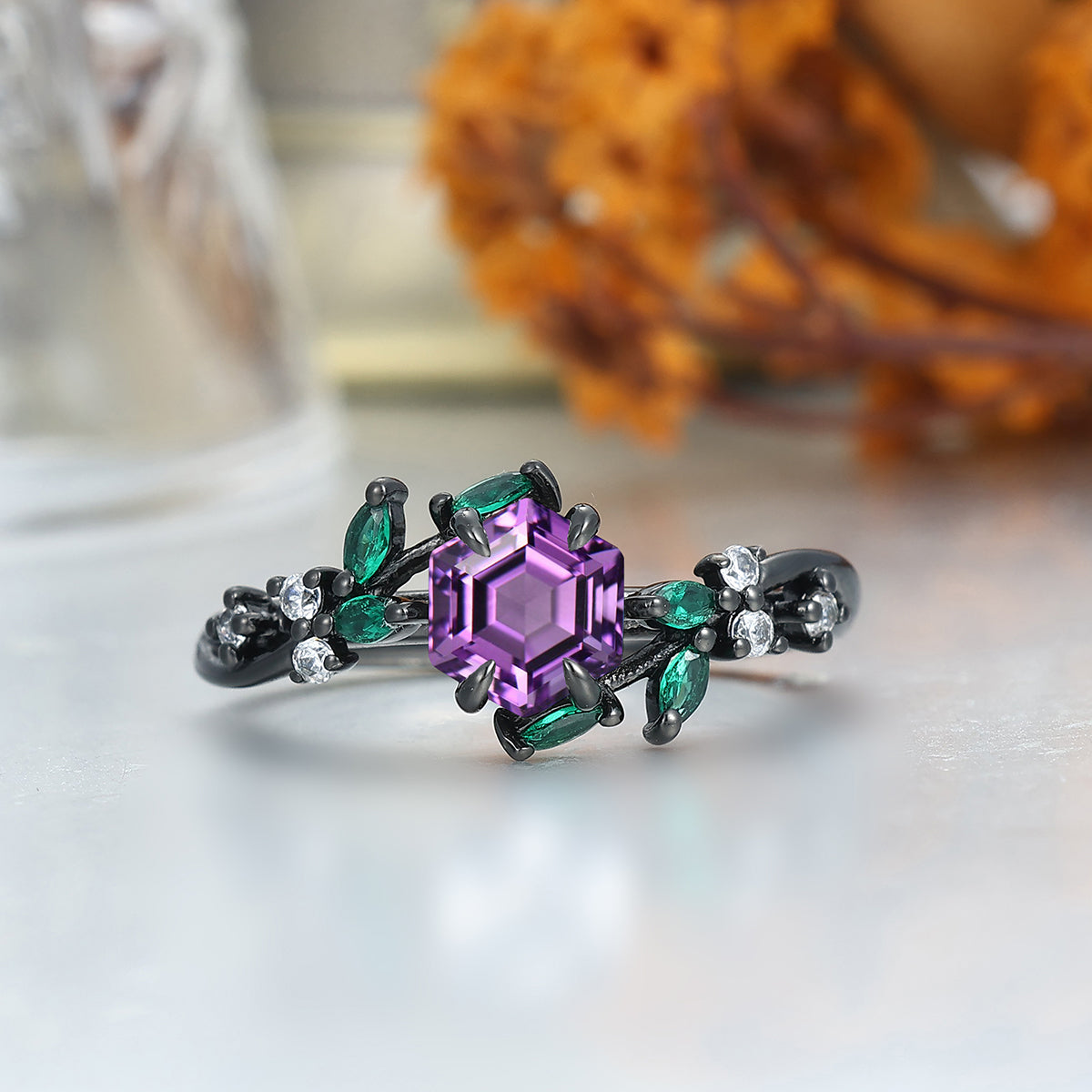 Dainty Natural Amethyst Leaves Twigs Engagement Couple Rings Promise Purple Tungsten Matching Ring