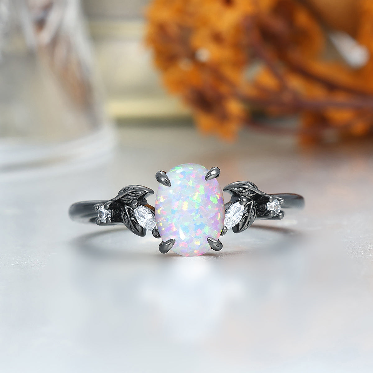 Elegant Pink White Opal Leaf Accents Engagement Rings For Couples Hammered Tungsten Bands
