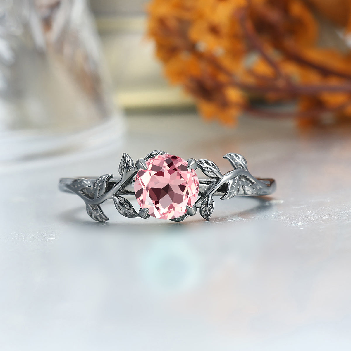 Solitaire Pink Morganite Prongs Engagement Couple Rings Matching Pink Tungsten Promise Wedding Bands