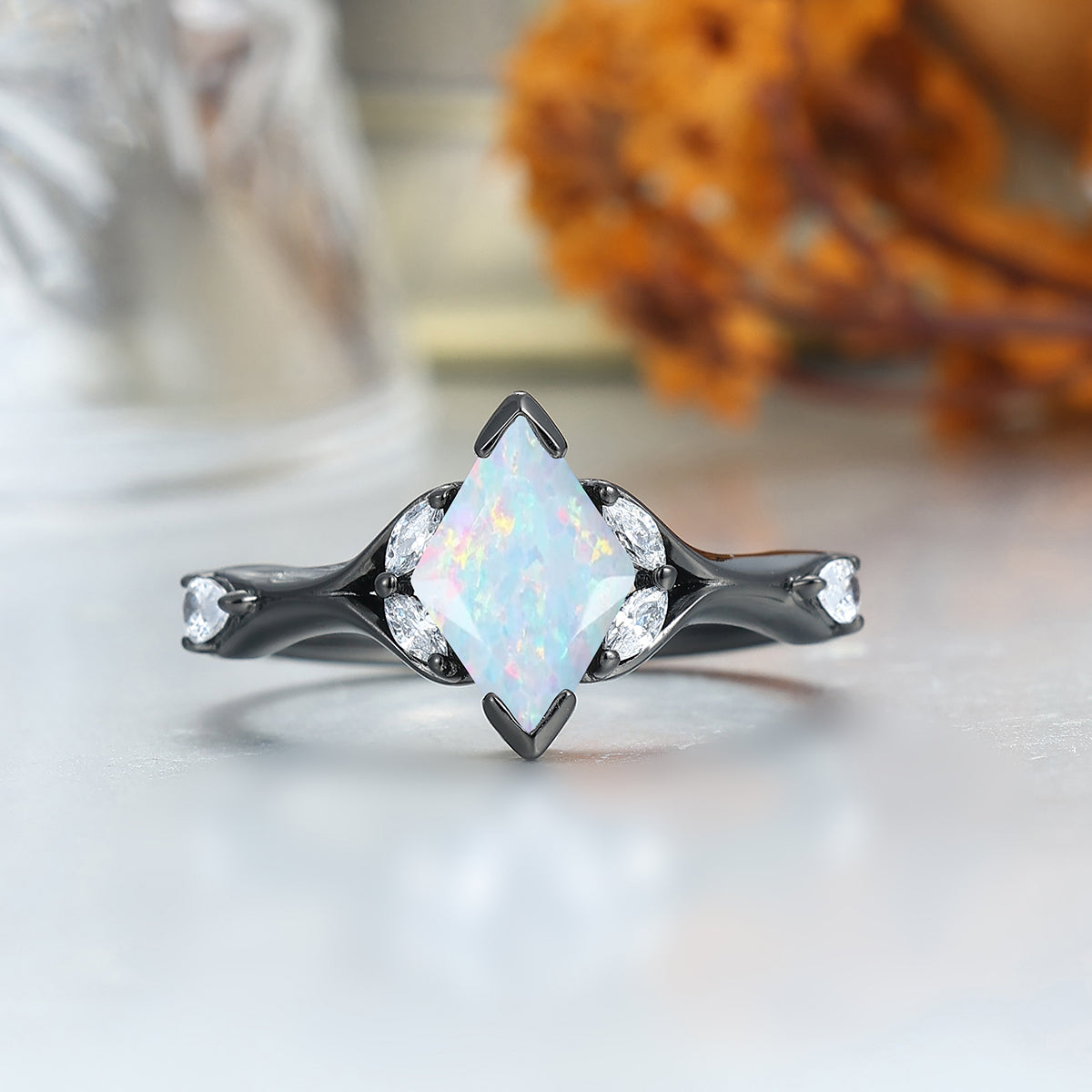 Art Deco Pink White Opal Engagement Couples Rings Matching Polished Dome Tungsten Rings for Couples