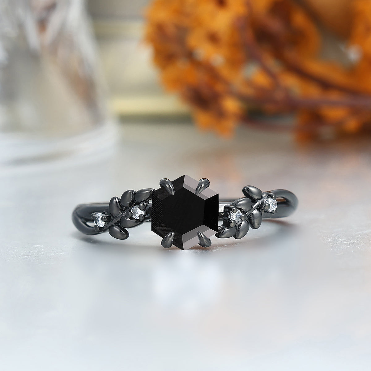 Wheat Design Natural Black Onyx Couple Rings Personalized His And Hers Wedding Bands
