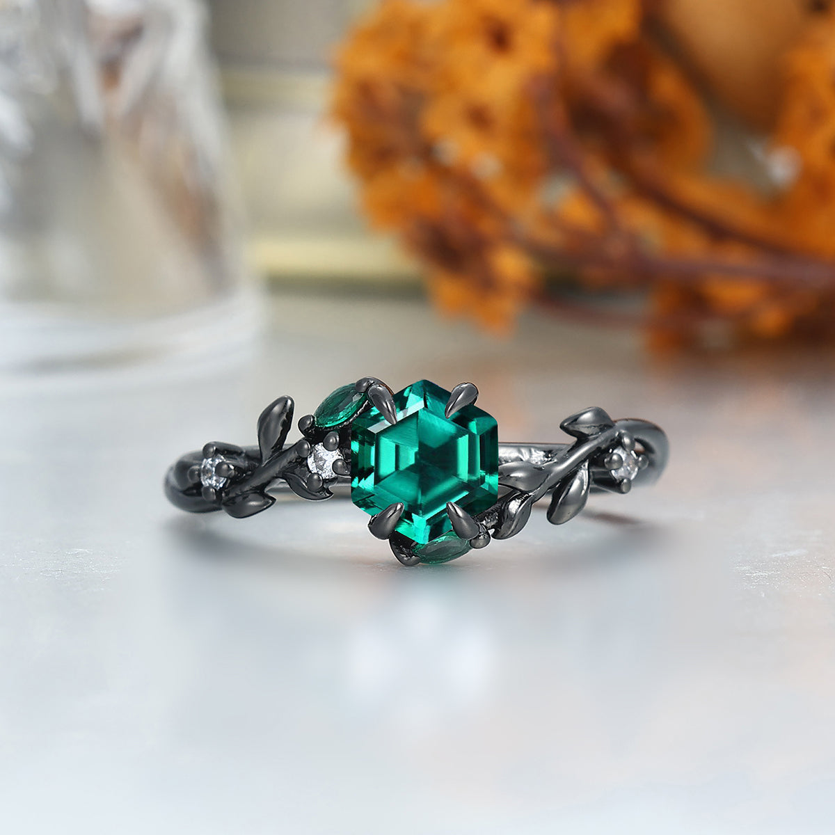 Art Deco Emerald Leaves His And Hers Wedding Band Matching Green Tungsten Couple Rings