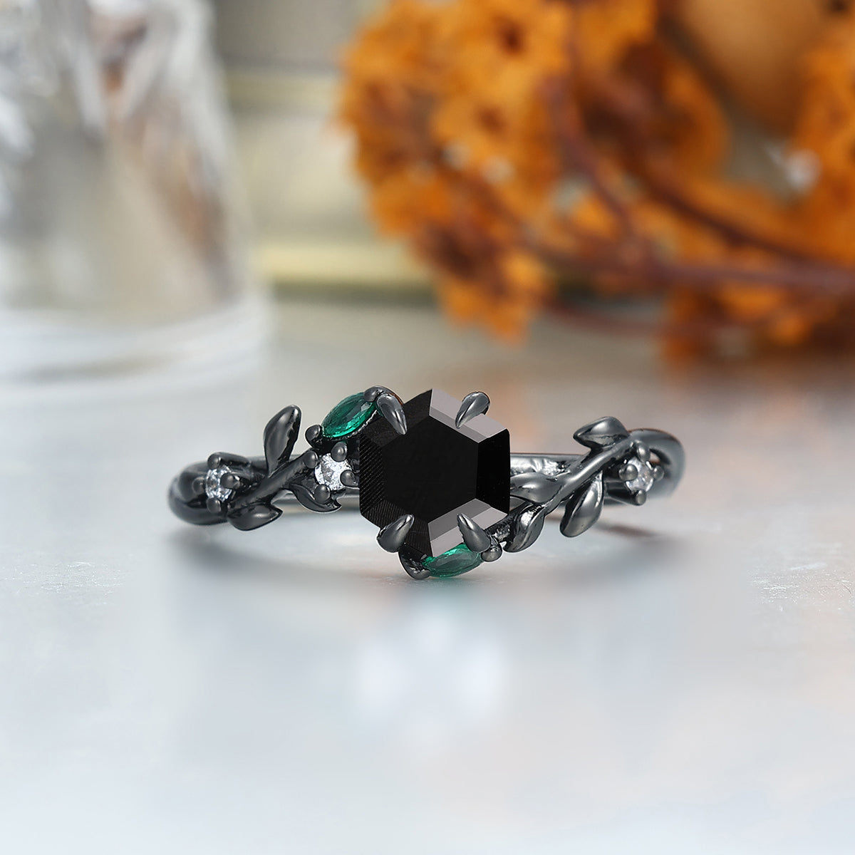 Delicate Black Onyx Leaves Engagement Couple Rings Matching Promise Wedding Bands