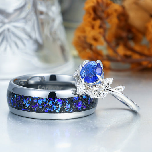 Aglisten Round Cut Galaxy Sandstone Leaf Design Couple Rings Matching Polished Dome Tungsten Ring